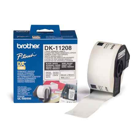brother dk-11208 original label tape 38mm x 90mm black on white x 400