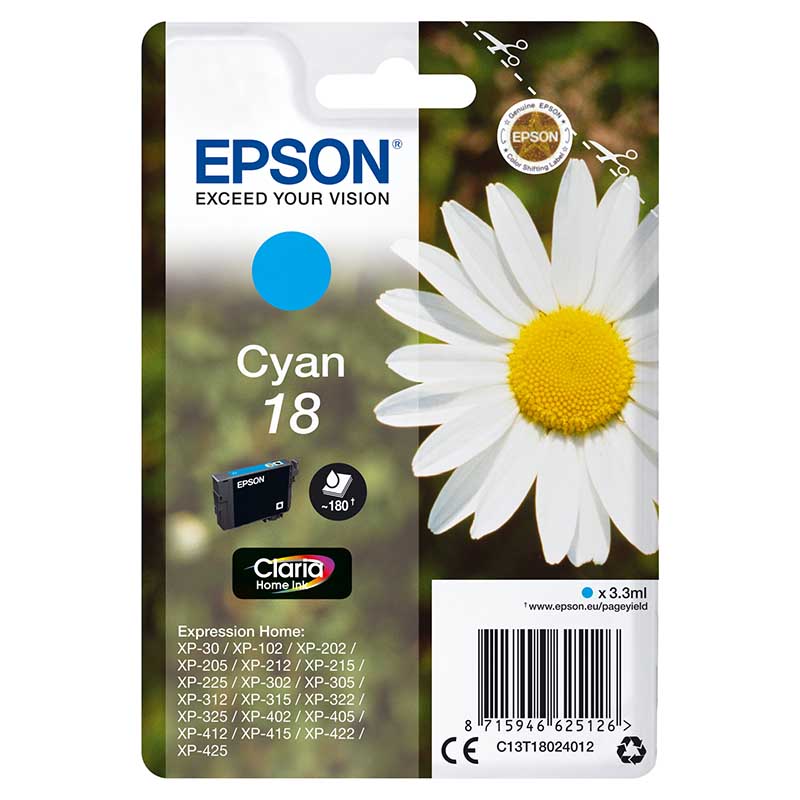 Epson Cyan 18 (T18024010) Original Claria Home Standard Capacity Ink Cartridge (Daisy)