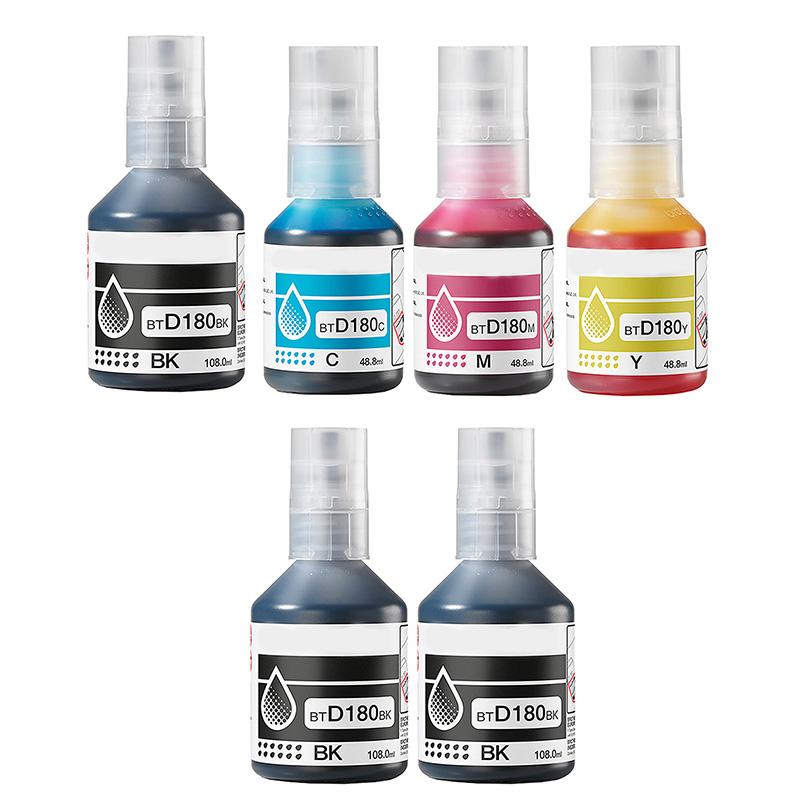 Printerinks Multicolor Compatible Epson Btd180bk/C/M/Y Full Set + 2 Extra Black Ink Bottles (6 Pack) Multipack