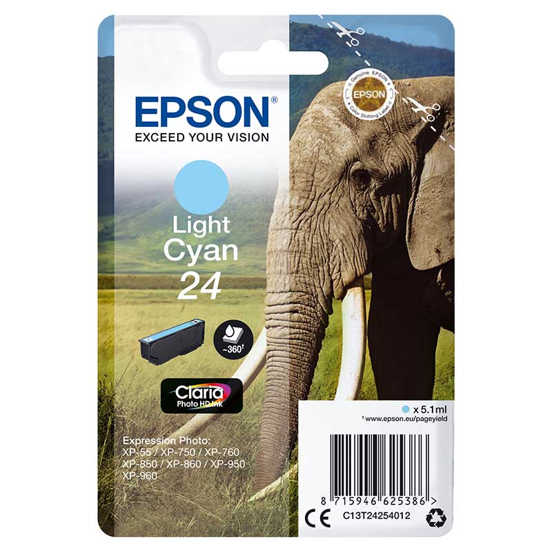 Epson 24 (T242540) Light Cyan Original Standard Capacity Ink Cartridge (Elephant)