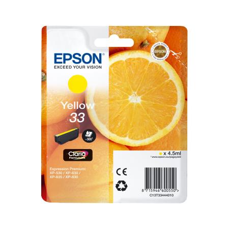 Epson Yellow 33 (T33444010) Original Claria Premium Standard Capacity Ink Cartridge (Orange)