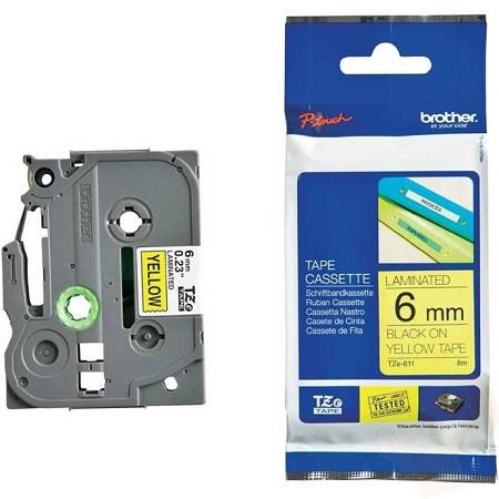 brother tze-611 original p-touch label tape 6mm x 8m black on yellow