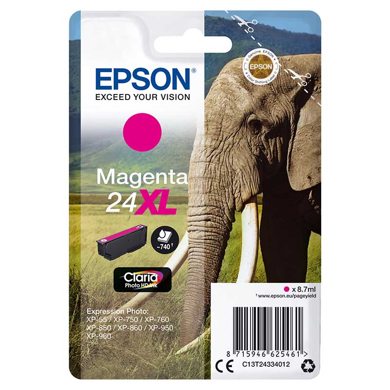 Epson Magenta 24XL (T243340) Original Claria Photo Hd High Capacity Ink Cartridge (Elephant)