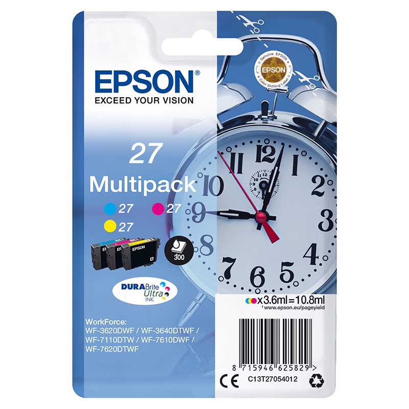 Epson Alarm Clock 27 Cyan, Magenta & Yellow Ink Cartridges - Multipack, Tri-Colour - Image 4