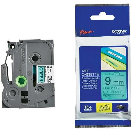 Brother Black/Green Tze-721 Original P-Touch Label Tape ( 9Mm X 8M) On