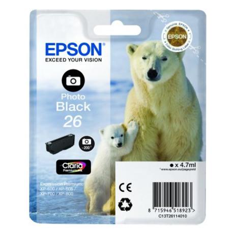 Epson Photoblack 26 (T261140) Photo Black Original Claria Premium Standard Capacity Ink Cartridge (Polar Bear)