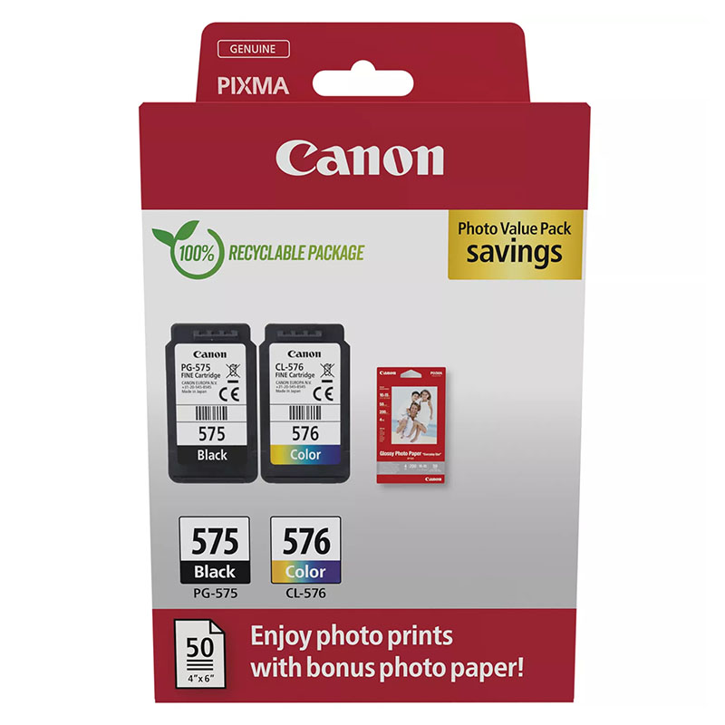 Canon Multipack Pg-575/Cl-576 Original Ink Cartridges & Photo Paper (5438C004) 1St